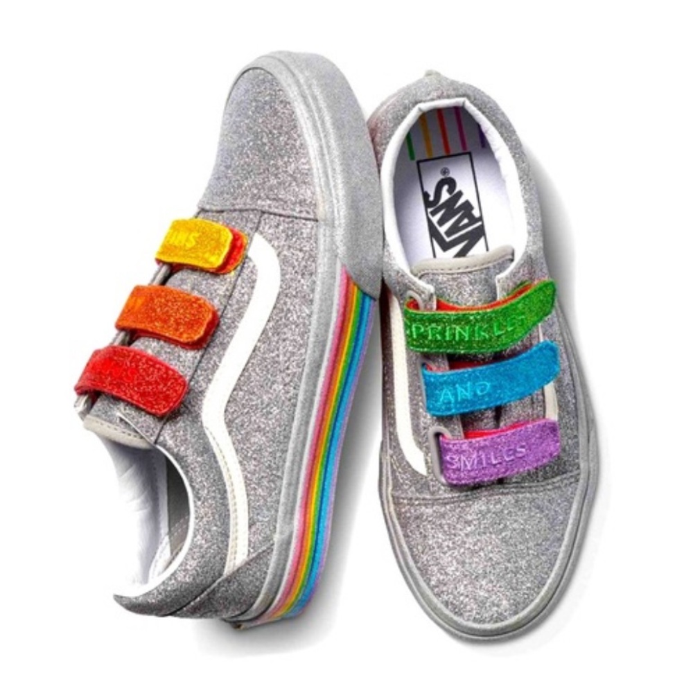 Vans x Flour Shop Limited-Ed Rainbow Sparkle Sneakers with Vel-cro straps.